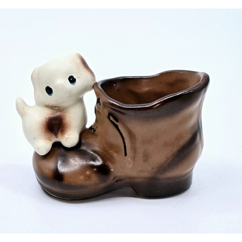 Vintage 1950s Ceramic Boot Planter With Puppy Design